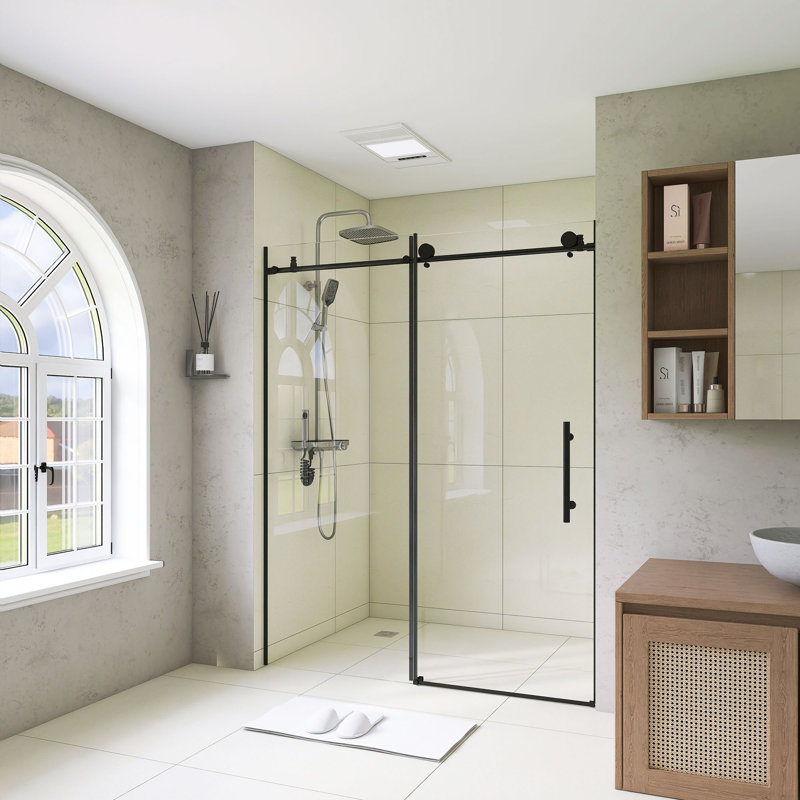 56-60" W × 76" H Premium Frameless Sliding Shower Door – 1/4"(6mm) Tempered Glass With Explosion-Proof Film, Stainless Steel Handle, Matte Black Finish, Modern Minimalist Design