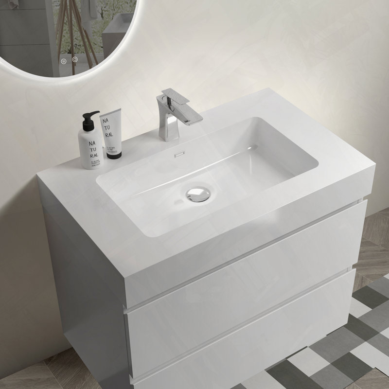 Meuble-lavabo mural flottant avec lavabo et grand rangement
