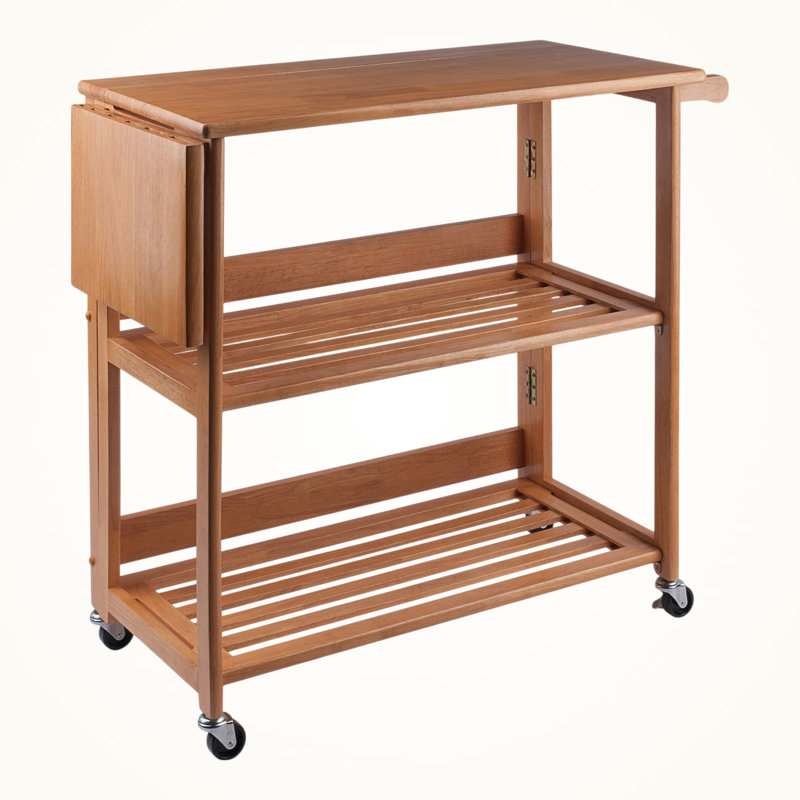 Callum Foldable Light Oak Kitchen Cart With 2-Slated Shelves, 34.34" H X 33.47" W X 17.07" D
