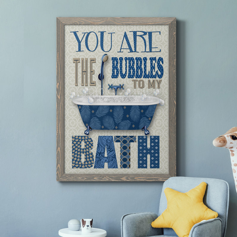 «Bubble Bath», art textuel sur toile, H 37,5 po x l 27,5 po x P 1,5 po, Encadré gris