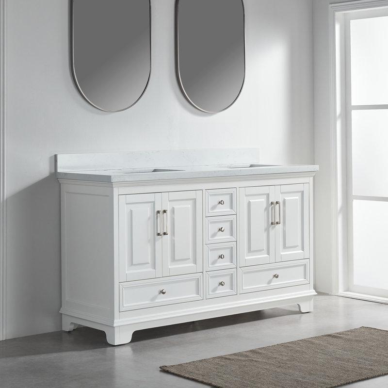 Meuble-lavabo double 60 po avec comptoir en marbre 60 po, Blanc