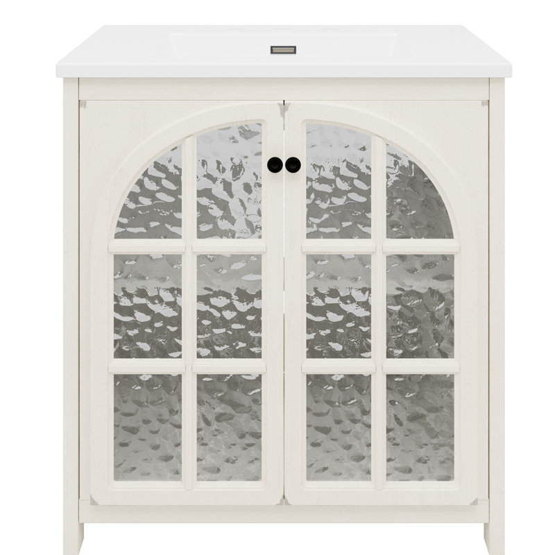 Meuble-lavabo de 31 po avec lavabo en céramique, cadre de porte saillant et espace de rangement spacieux pour des tablettes réglables antiques de 31 po, portes, verre trempé épaissi