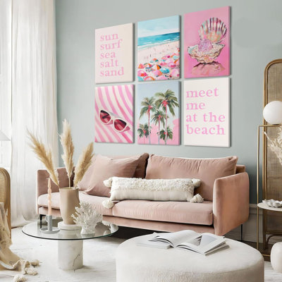 6Pcs Preppy Beach Canvas Wall Art, Pink Coastal Painting Pictures Wall Decor, Summer Beachy Aesthetic Prints Artwork For Teen Girls Bedroom Dorm 8X10 Inch Wrapped Canvas