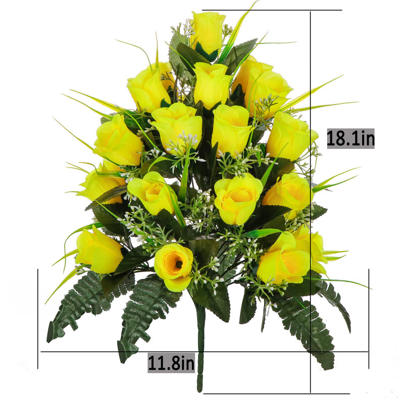 Yellow Silk Rose Cemetery Bouquet with Black Vase Set