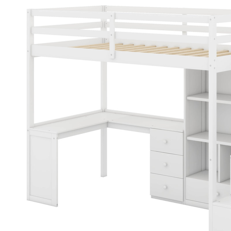 Twin Size Loft Bed With Desk And Drawers, White