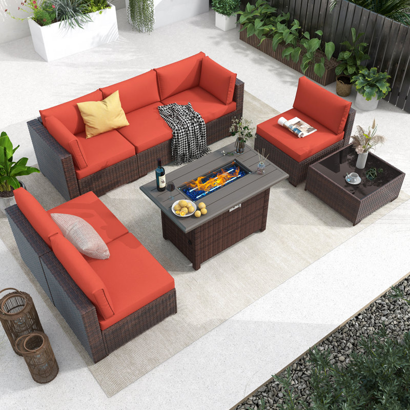 Caydin 6-Person Modular Sectional Seating Group with Fire Pit Table, Brown Frame/Orange Cushion, 12.6"H x 25.6"L x 25.6"W 