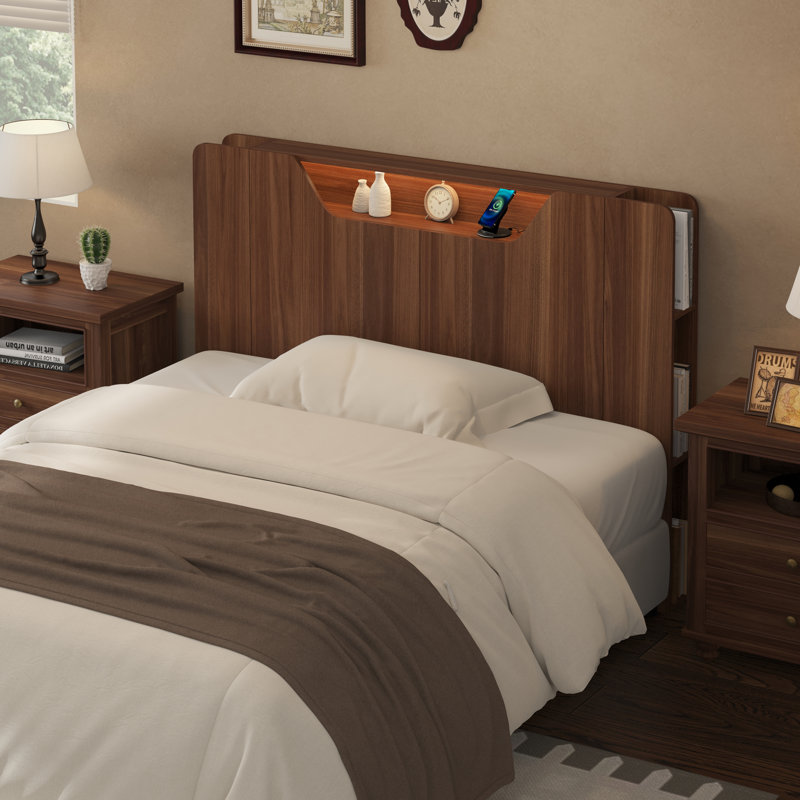 Tête de lit Queen Size avec rangement DEL RVB, poste de recharge, application et télécommande, cadre en bois, tête de lit seulement