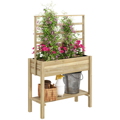 Lit de jardin surélevé en bois avec treillis, bac à fleurs surélevé avec tablette de rangement, trous de drainage et doublure, bac à fleurs extérieur pour légumes, fleurs, herbes