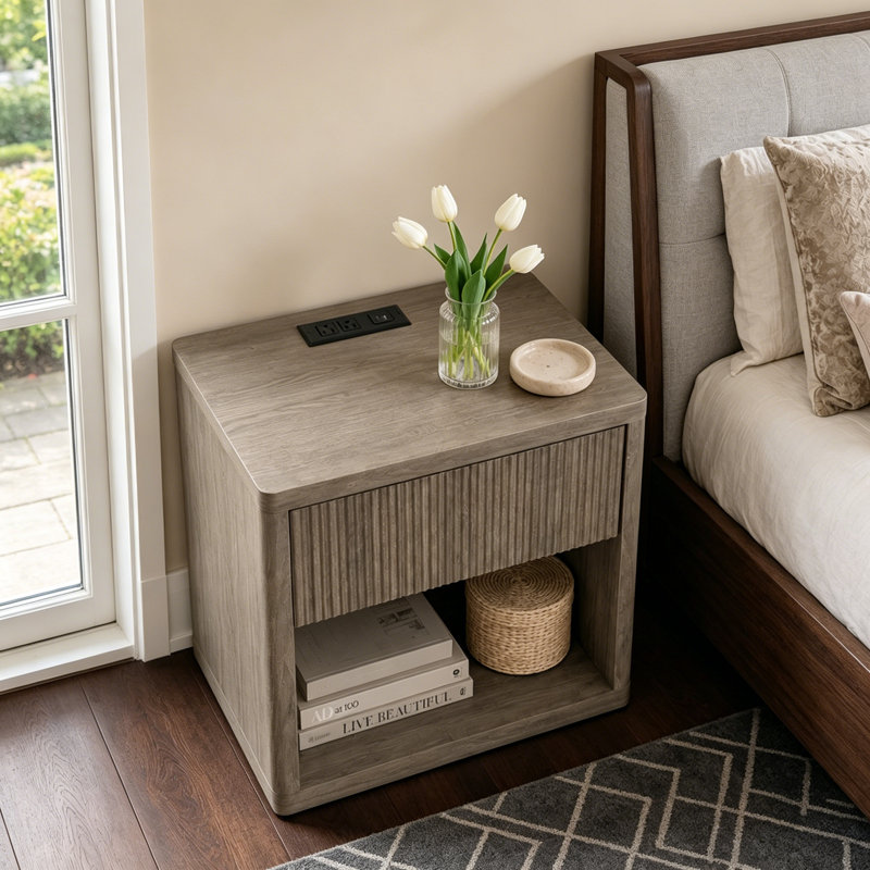 Table de chevet spacieuse avec grand tiroir et compartiment ouvert, design minimaliste pour les chambres modernes, solution de rangement durable et élégante