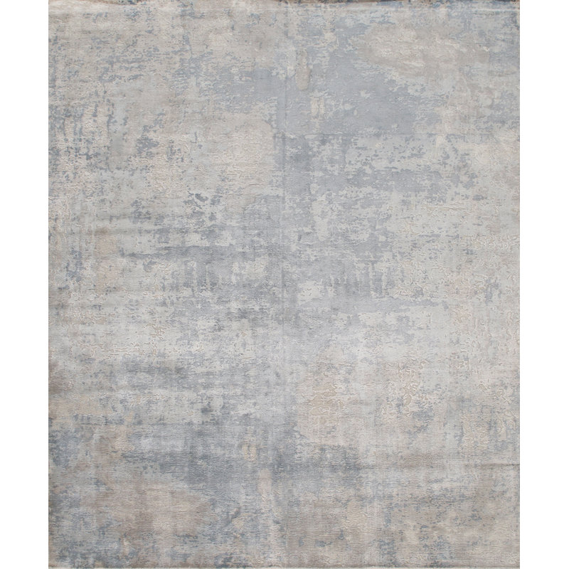 Abstract Handmade Silk Silver/Gray Area Rug, Rectangle 8' x 10'