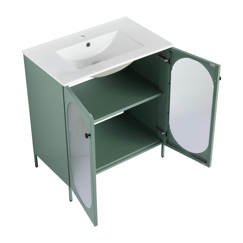 Meuble-lavabo autoportant avec lavabo en céramique, Vert menthe