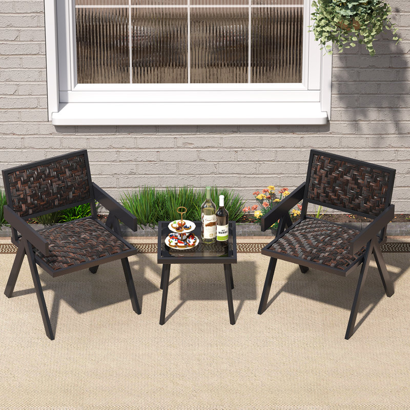 3 Pieces Patio PE Wicker Bistro Set Outdoor Conversation Furniture Set