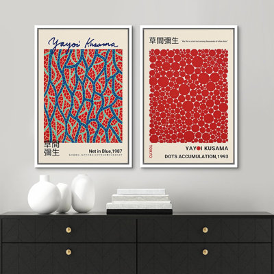 IDEA4WALL Framed Canvas Print Wall Art Blue Red Dots By Yayoi Kusama Japanese Nature Illustration Modern Art Decorative Multicolor Geometric Minimal For Bedroom