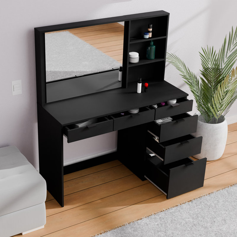 Coiffeuse Penn avec 6 tiroirs et niche de rangement, bureau de maquillage l 47,2 po, Noir
