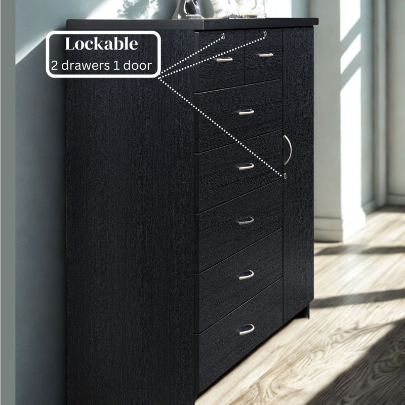 7-Drawer Dresser 47-inch Wide Wood Chest with 2-Locking Drawers, 1-Locking Door, 3-Shelves and Clothing Rod for Bedroom Storage