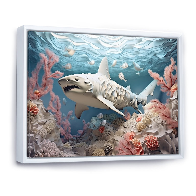 " Coral And Sharks Collage Symetry ", White Floater Framed, 30" H x 40" W x 1.5" D