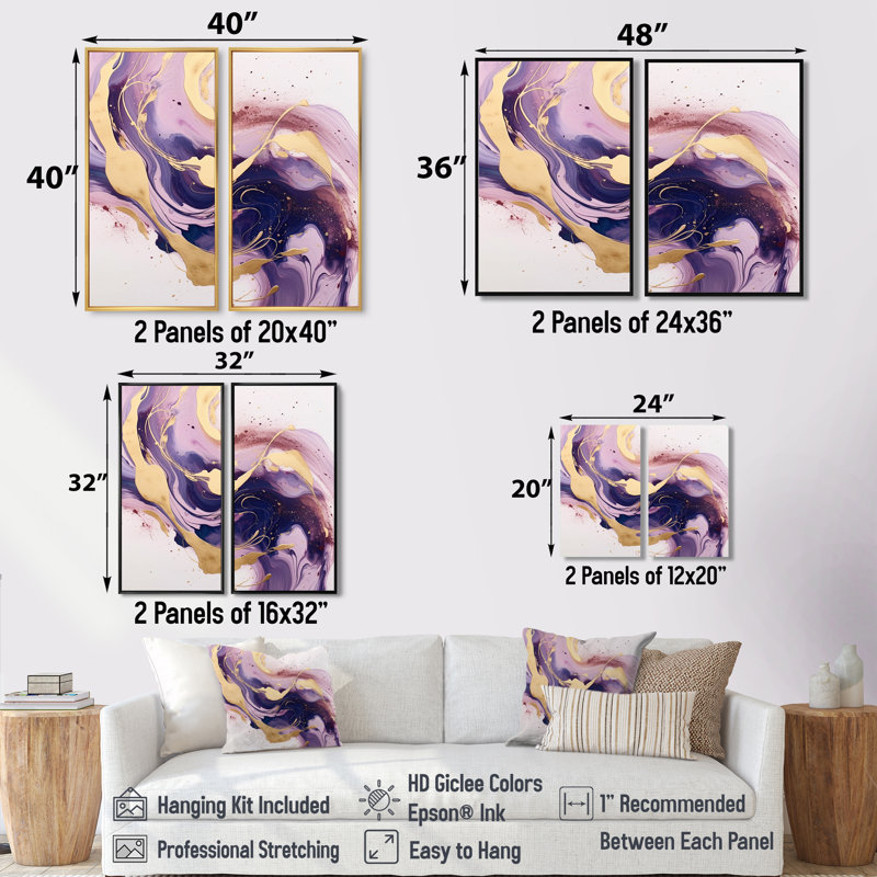 «Mauve et doré» I - impressions d'art moderne sur toile à 2 panneaux, 20" H x 24" W, Impression encadrée flottante, White
