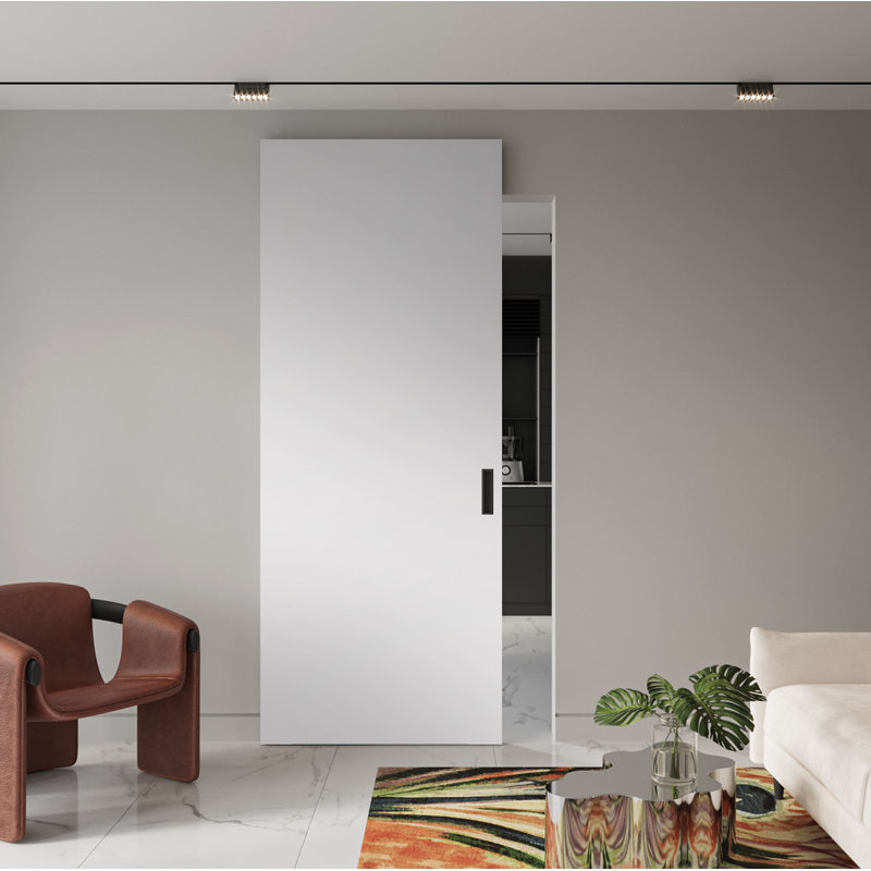 Flush White Solid Composite Core Sliding Barn Door Kit with Black Hardware