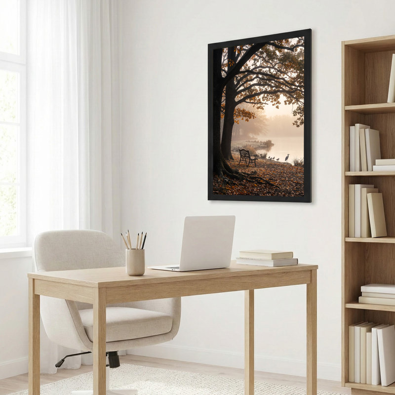 «Misty Lake Shore with Autumn Trees and Park Bench», art mural, H 24 po x l 16 po