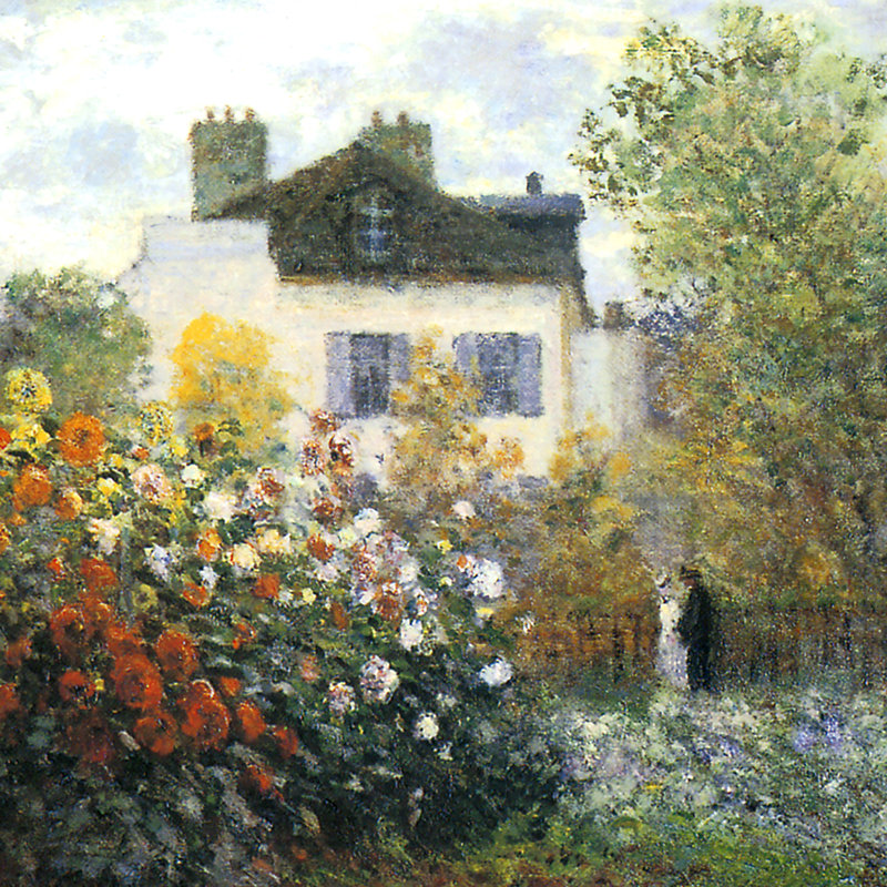 "Monet's Garden at Argenteuil (The Dahlias), 1873" by Claude Monet Hand-Embellished Framed Canvas Oil Painting Print with Mounting Hardware 