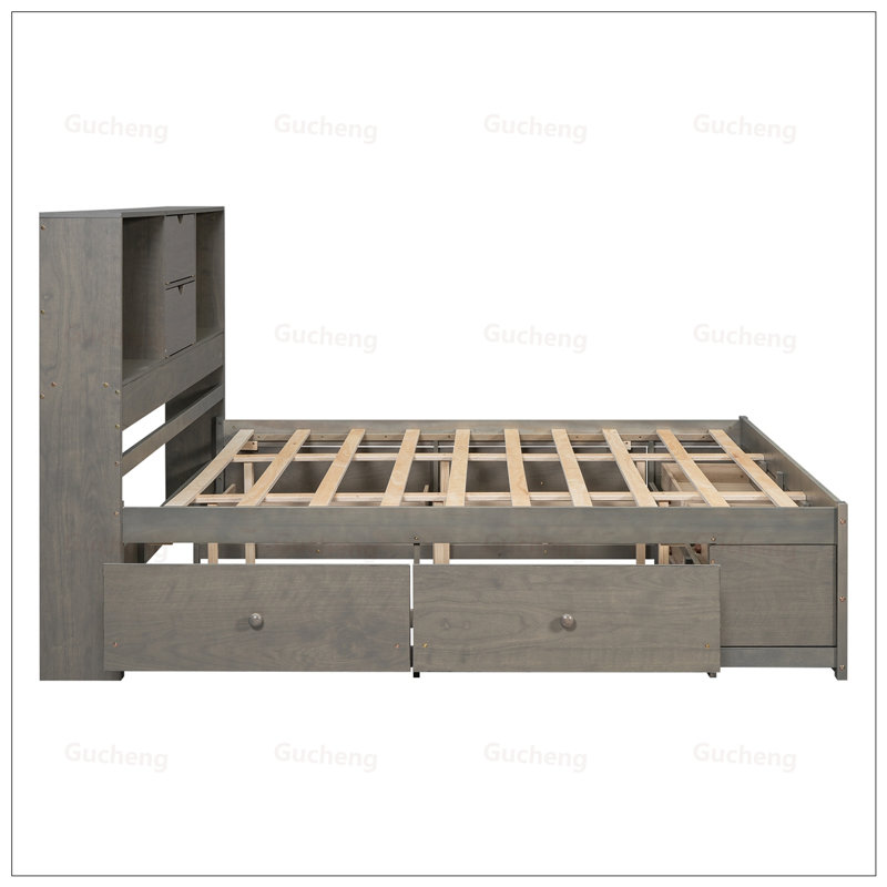 Structure de lit en pin massif avec rangement spacieux, fabrication durable et tablettes intégrées pour les chambres modernes