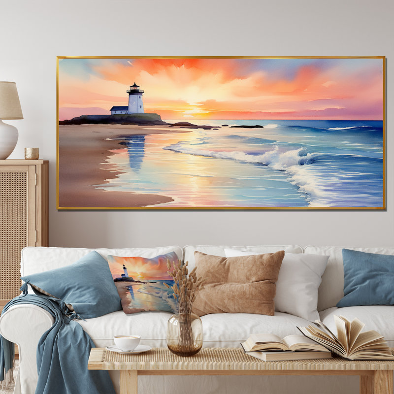 Orange coucher de soleil sur la plage, phare de la sérénité II - art mural plage, Cadre flottant doré