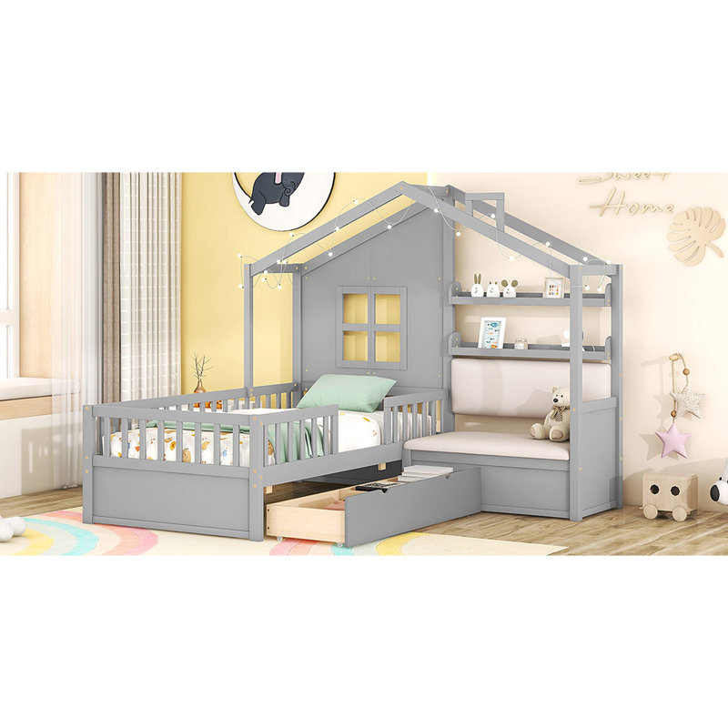 Lit House avec canapé, lit plateforme pour enfants avec deux tiroirs et tablette de rangement, Gris