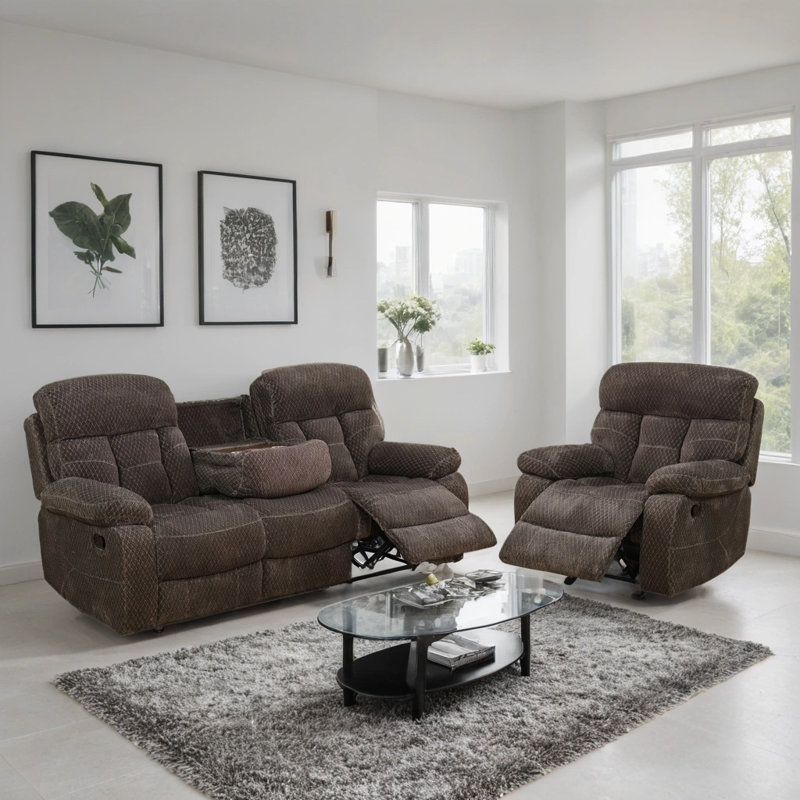 Ensemble de canapé inclinable manuel en microfibre 2 pièces de qualité supérieure avec table basse et porte-gobelets
