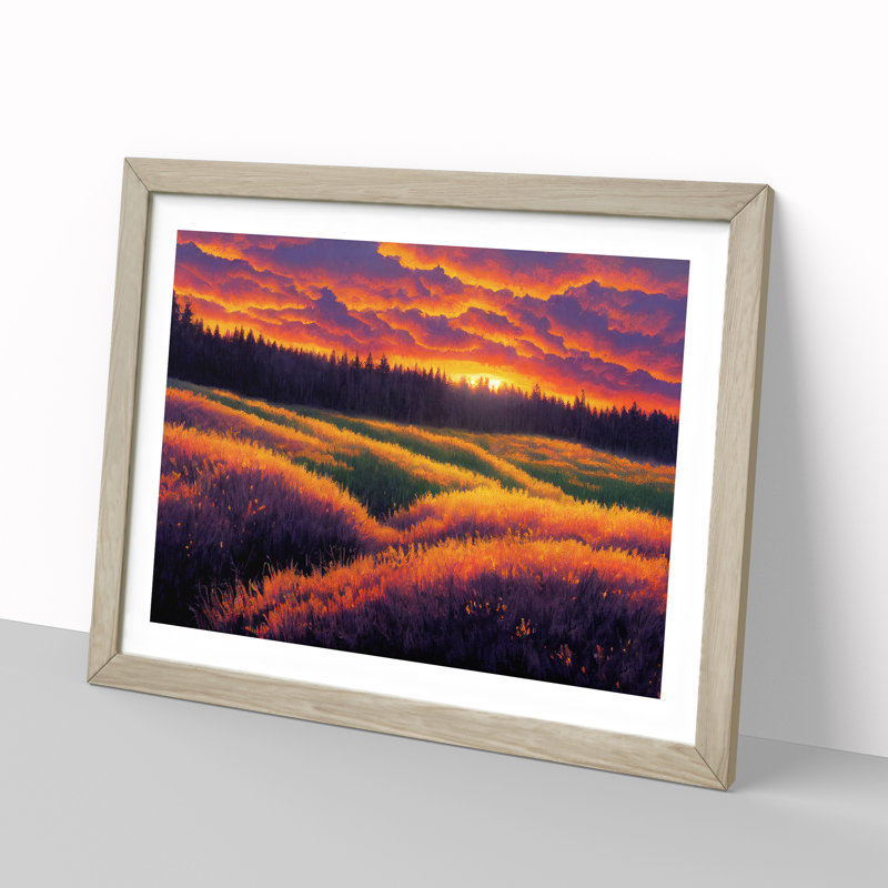 Spring Forest Sunset View - Single Picture Frame Print, 46cm H x 64cm W x 2cm D, Oak