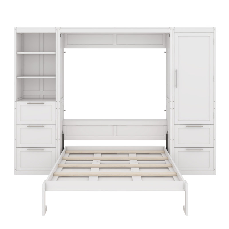 Grand lit escamotable avec tiroirs et tablettes, Blanc