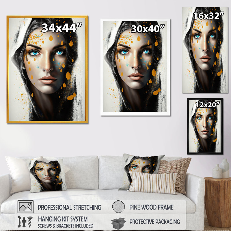 Féroces yeux bleus féminins I, H 32 po x l 16 po x P 1 po, Toile encadrée noire à coins fermés