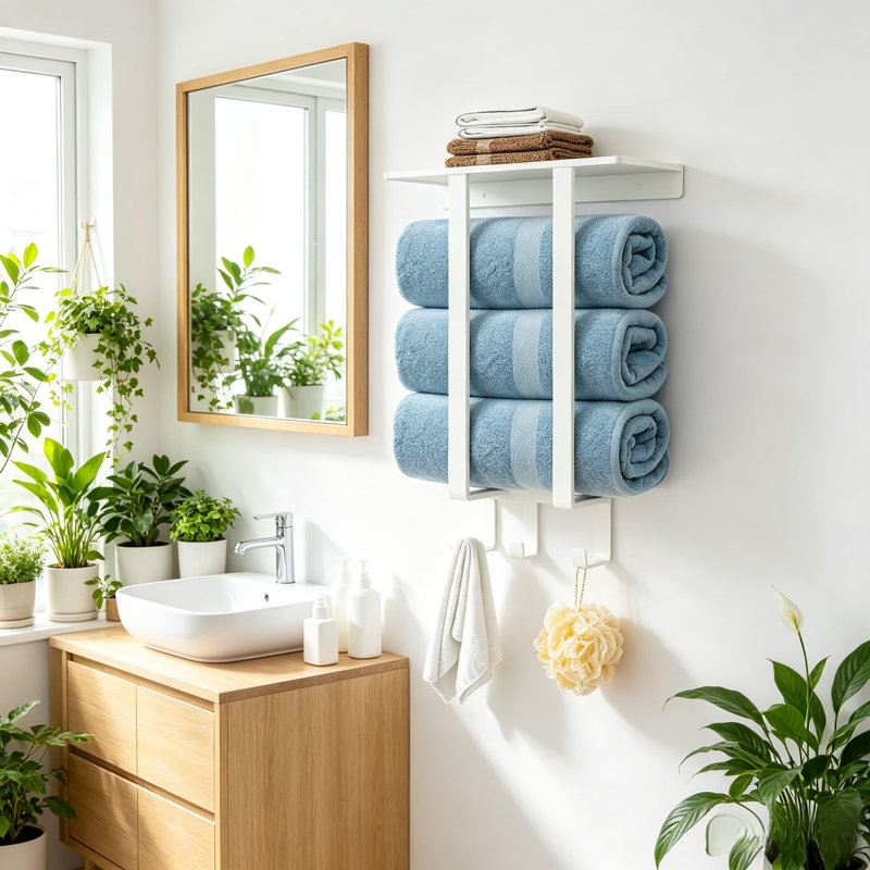 Porte-serviettes mural avec 3 barres, tablette en métal et 3 crochets - Organisateur de porte-serviettes compact pour petites salles de bain