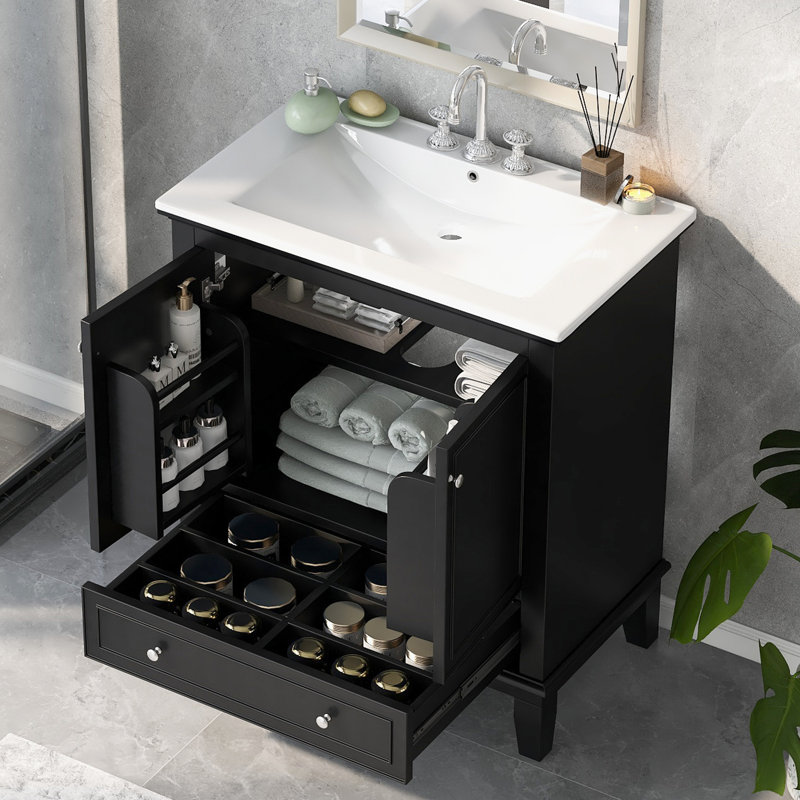 Meuble-lavabo de 30 po avec lavabo en céramique - bois massif noir et planche, armoire moderne, tiroir fonctionnel et tablette réglable