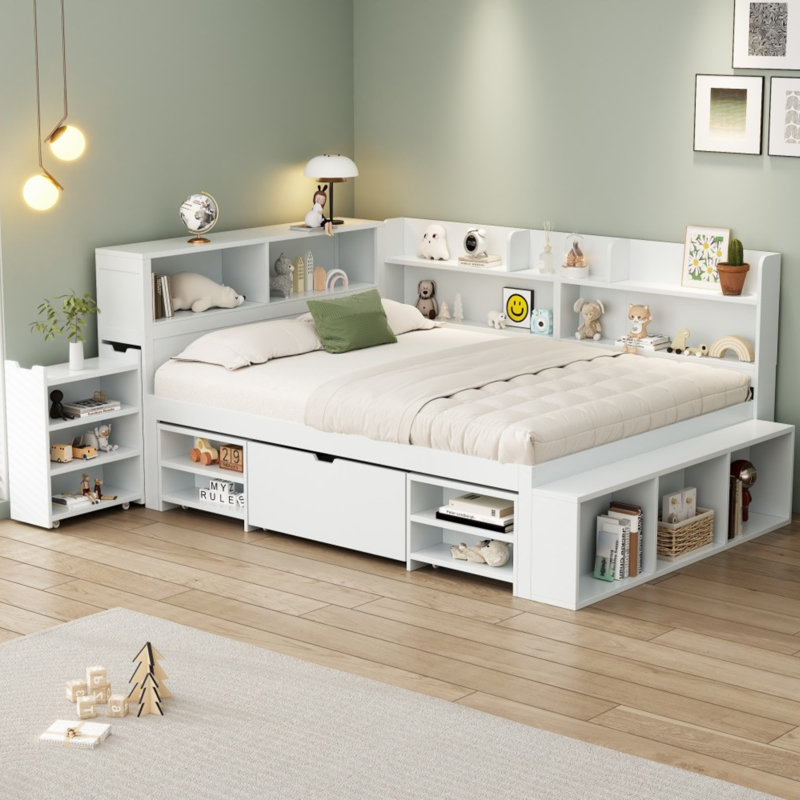 Bed-With Drawers, Bookcase And Storage Cupboard, Double (4'6), White