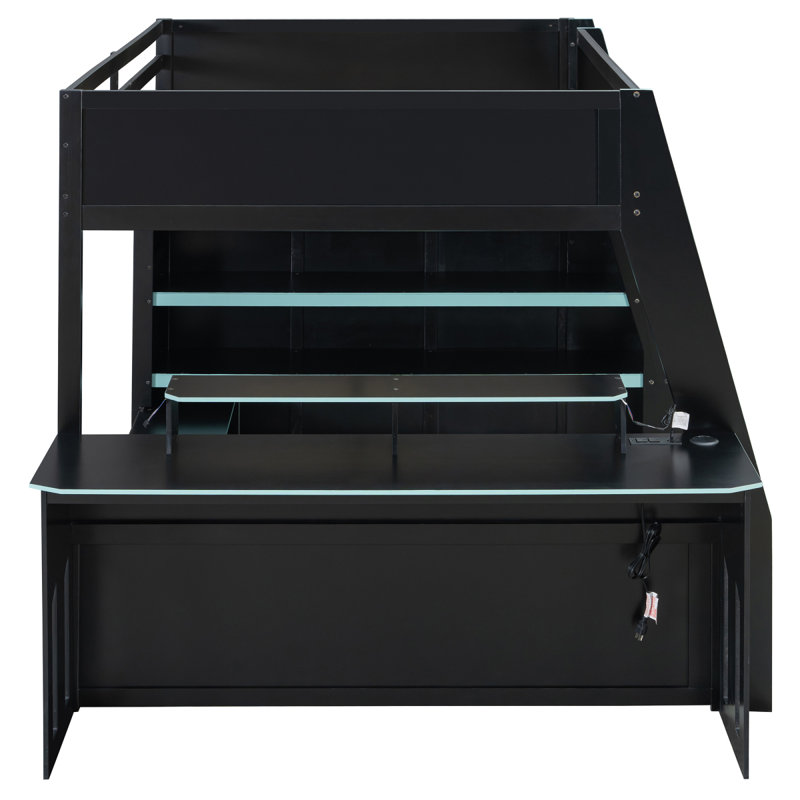 Lit mezzanine double en bois avec bureau, tablettes multiples et lumière RVB, table à placement réglable, bleu nuage