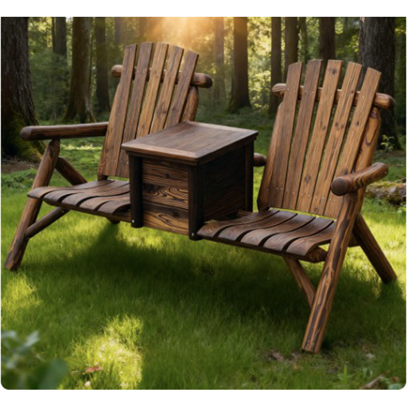 Double Adirondack Chair Loveseat,Double Wooden Adirondack Chair With Ice Bucket,Outdoor Loveseat With High Backrest