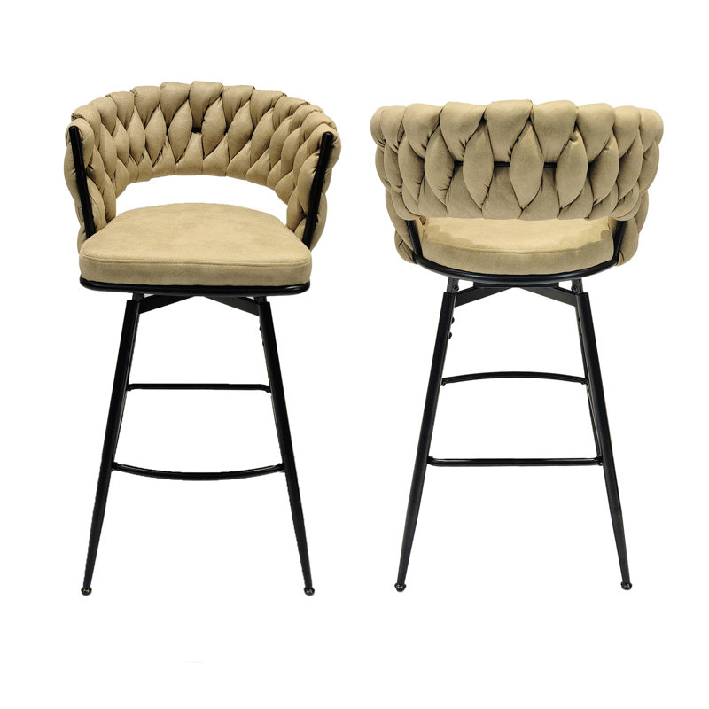 4 tabourets de bar de 28 po en cuir tressé brun technique. 360 pivotant, base en métal, siège et dossier pour bar, îlot de cuisine, café, tabourets de restaurant avec cadre en cuir. Confortable