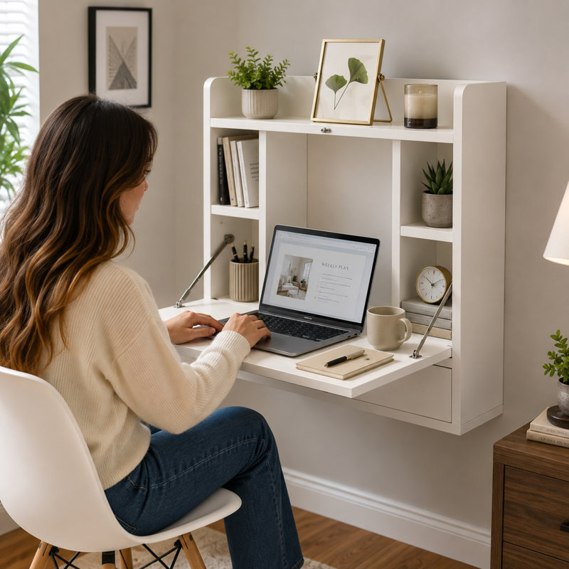 Basicwise Wall Mounted Folding Desk with Storage Shelves - Floating Table with Drawers, Space Saving for Small Spaces, 23.75 x 6.75 x 23 in, White for Home Office, Bedroom, Study, Dorm Room
