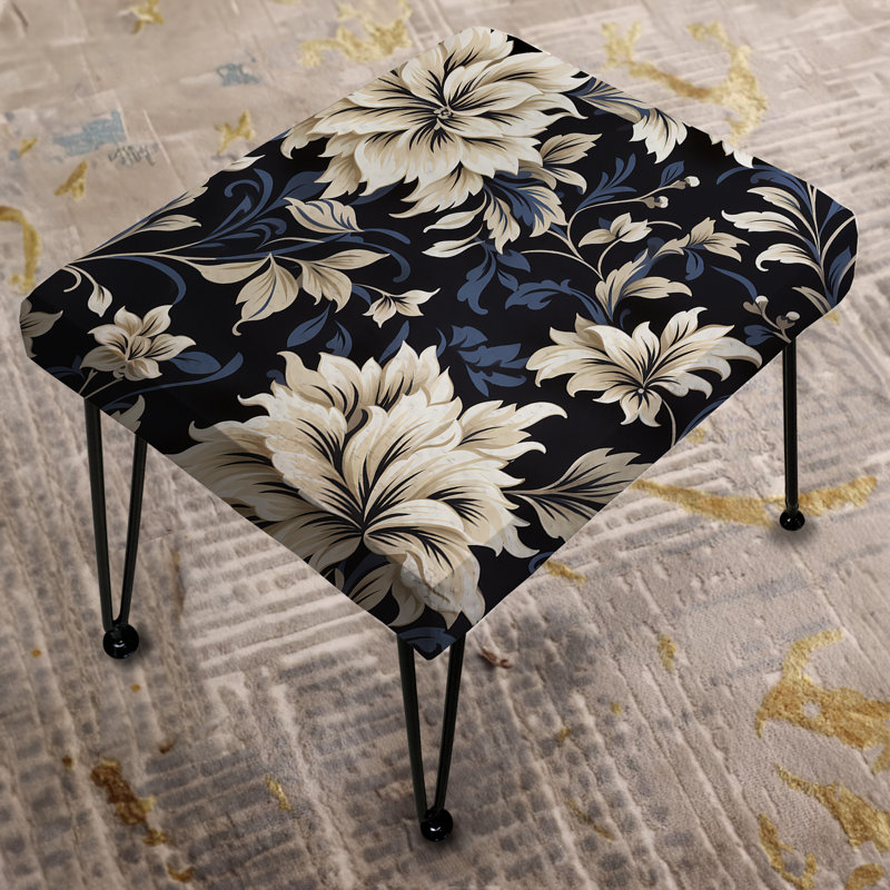 Dark Blue Beige Flower Damask Breeze - Damask Rectangle Ottoman