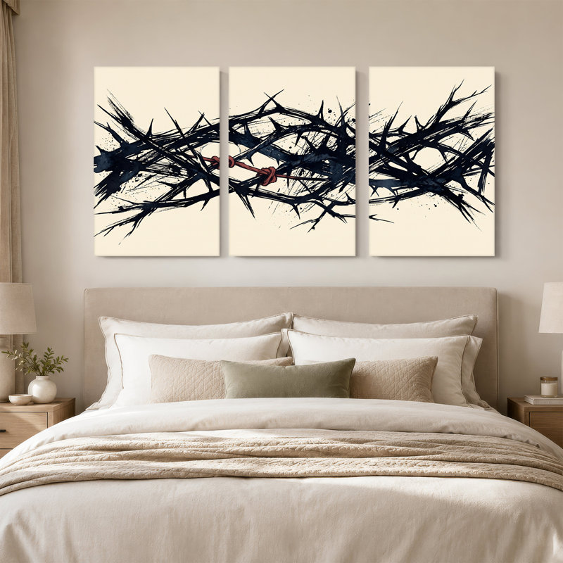 Ensemble de 3 toiles noires épineuses noires avec nœuds de corde rouge, 30"H x 20"W x 3pcs