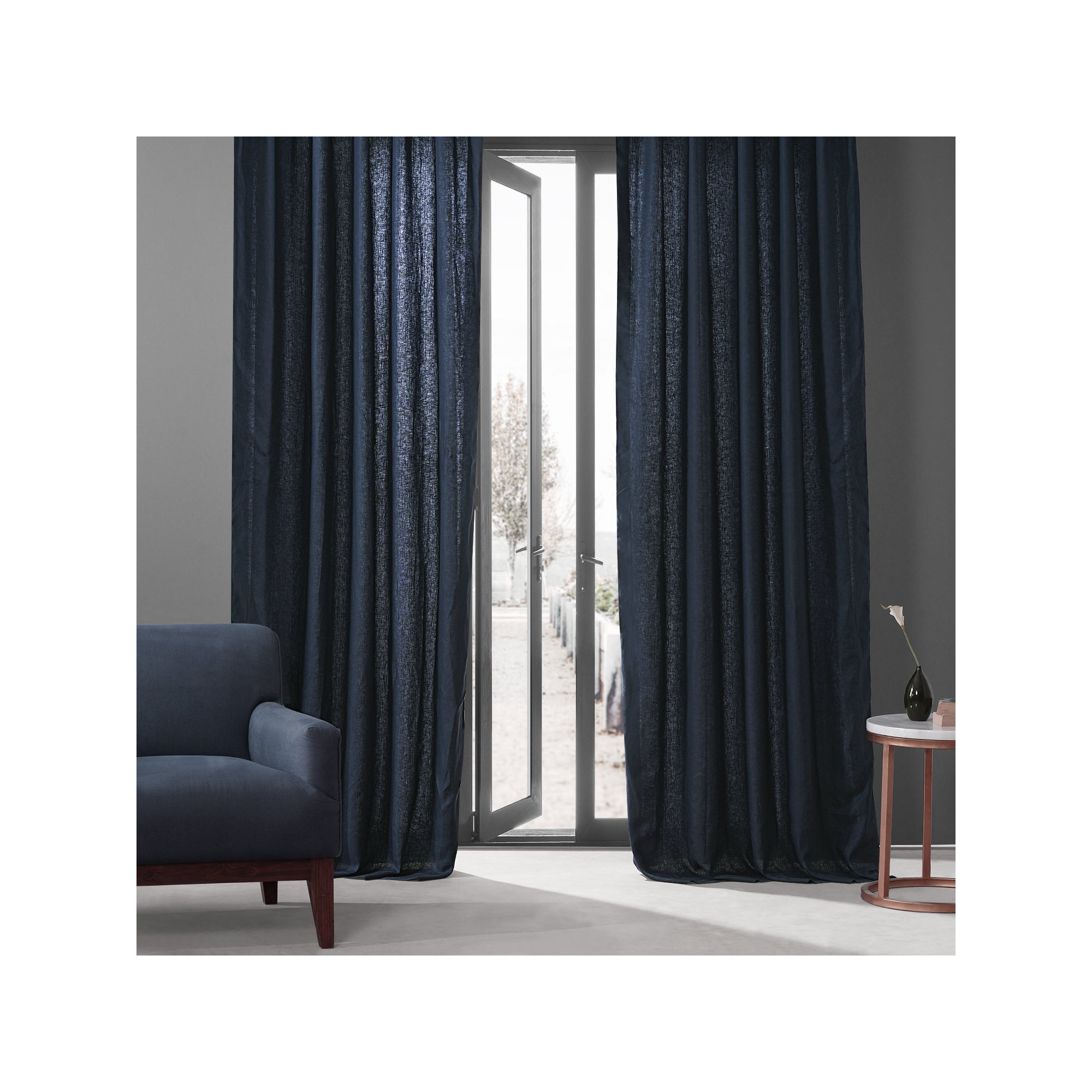 Briella French Linen Room Darkening Curtain, Native Navy, 50" W x 120" L