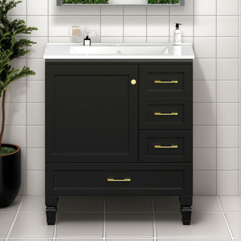 Meuble-lavabo noir 30 po avec lavabo en céramique intégré, armoire de rangement abondante, 1 porte à fermeture en douceur et 3 tiroirs pour les petites et moyennes toilettes
