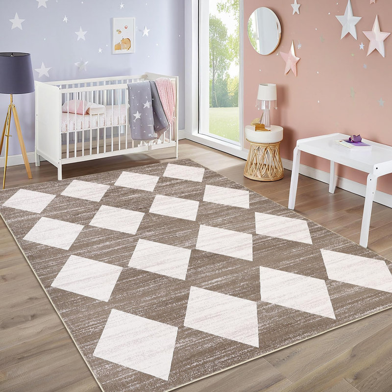 Washable Rug Modern Checkered Rugs Lattice Distressed Minimalist Aesthetic Rugs for Bedroom Laundry Farmhouse, Beige