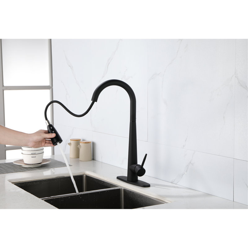 Single Handle Kitchen Sink Faucet With Pull Down , Stainless Steel Composition, Matte Black Tone, 360 Rotating High - Arc Nozzle, Three Water Output Modes  Stream, Spray,  , Convenient Temperature