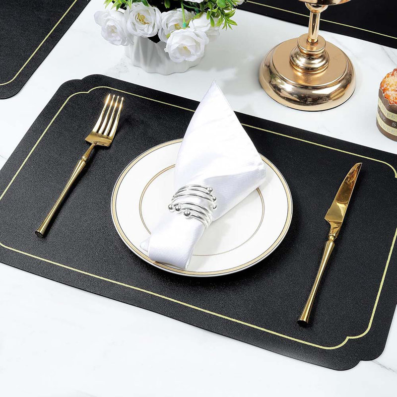Black Faux Leather Placemats With Gold Trim Placemats And Coasters Set Of 6 Large Rectangular Table Mats Heat Resistant And Easy To Clean
