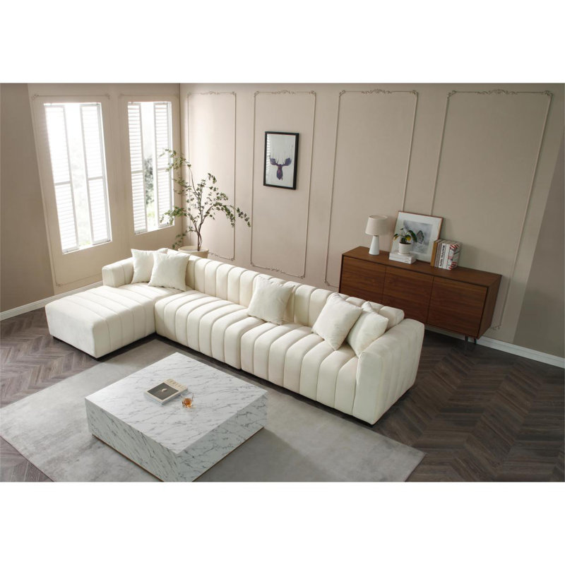 Modern Sofa 139'' Channel Tufted Sofa Left Chaise Modular Sofa, Beige Velvet, Right Hand Facing
