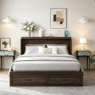 Queen Size Farmhouse Murphy Cabinet Bed with Charging Station, Foldable Platform Bed with Large Storage Drawer for Guest-Room, Small Bedroom