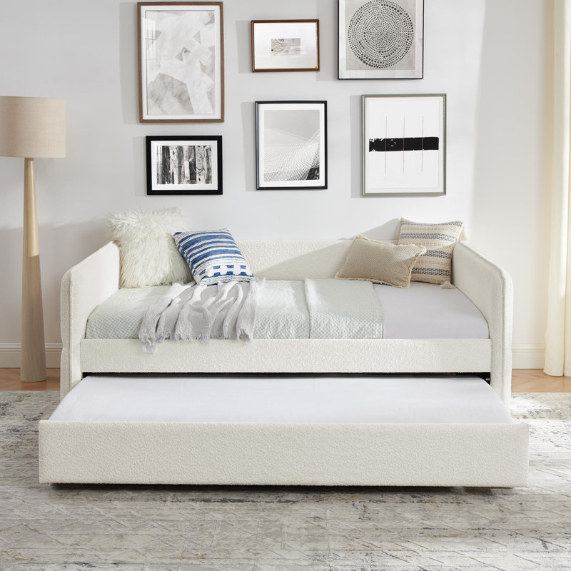 Daybed with Trundle Upholstered Tufted Sofa Bed, Boucle Fabric, Beige (83"x29.5"), Full/Double
