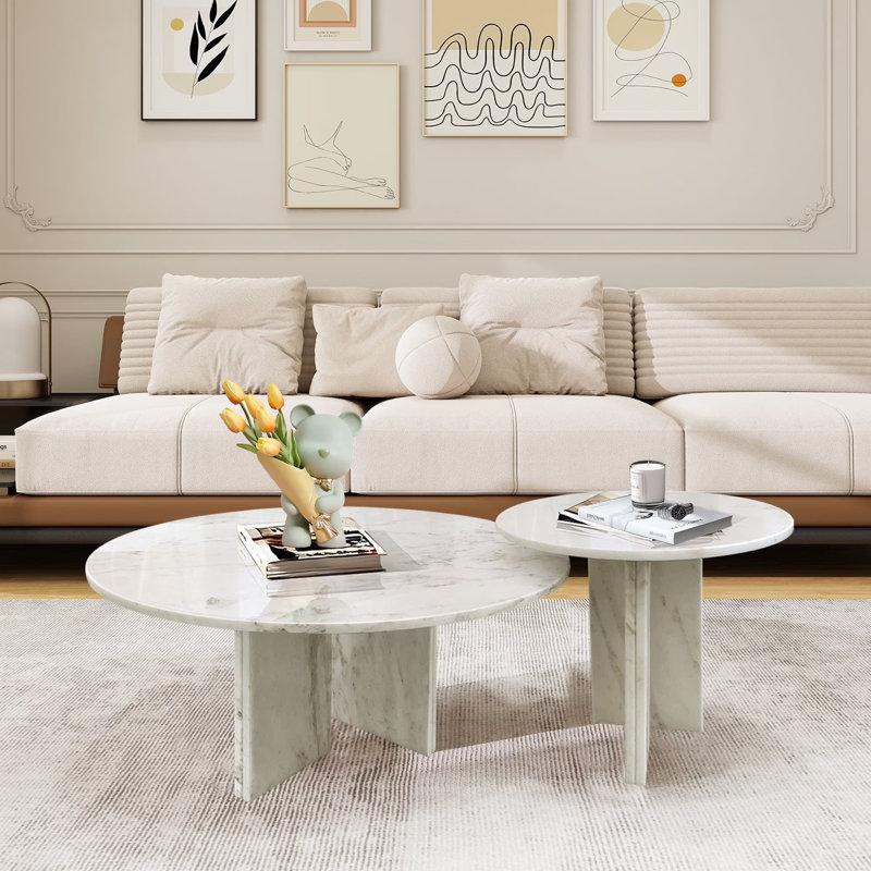 Table basse ronde en marbre 2 pièces pour salon, White