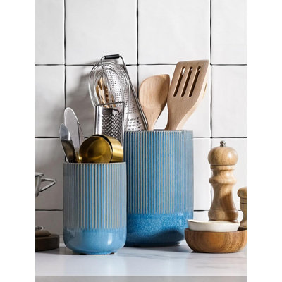 Ensemble de 2 porte-ustensiles en céramique bleue